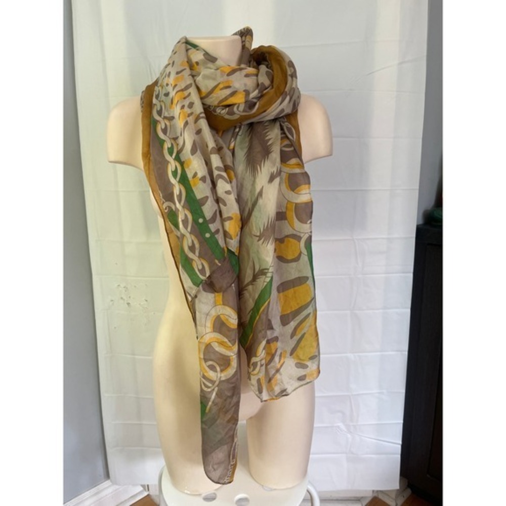 100% Silk Equestrian Chain Leopard Print Scarf Mustard Green Taupe Lightweight